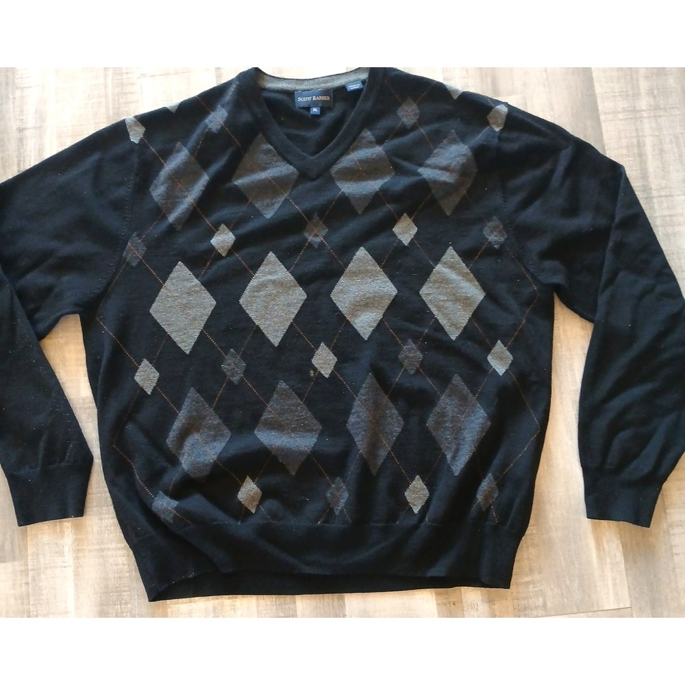 Scott Barber Argyle Sweater Mens XL 100% Merino Wool Diamon Pattern Long Sleeve
